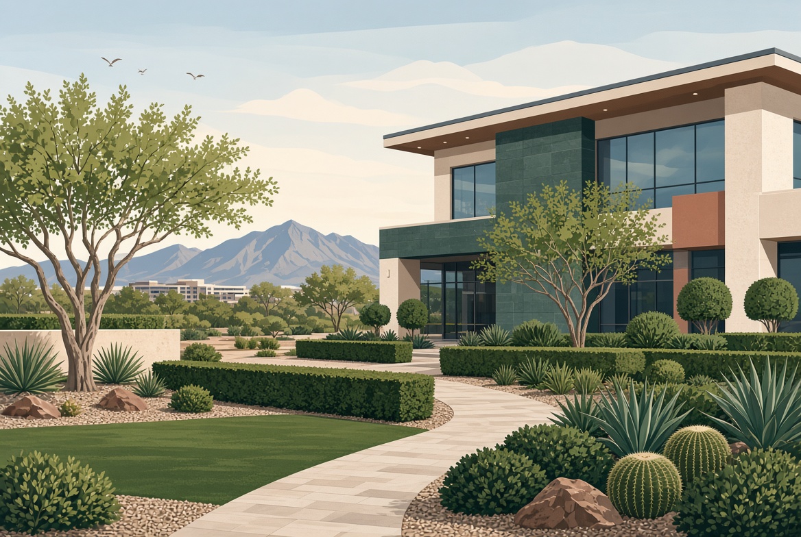 Illustration of landscaped commercial grounds with trimmed hedges, lawns and desert plants
